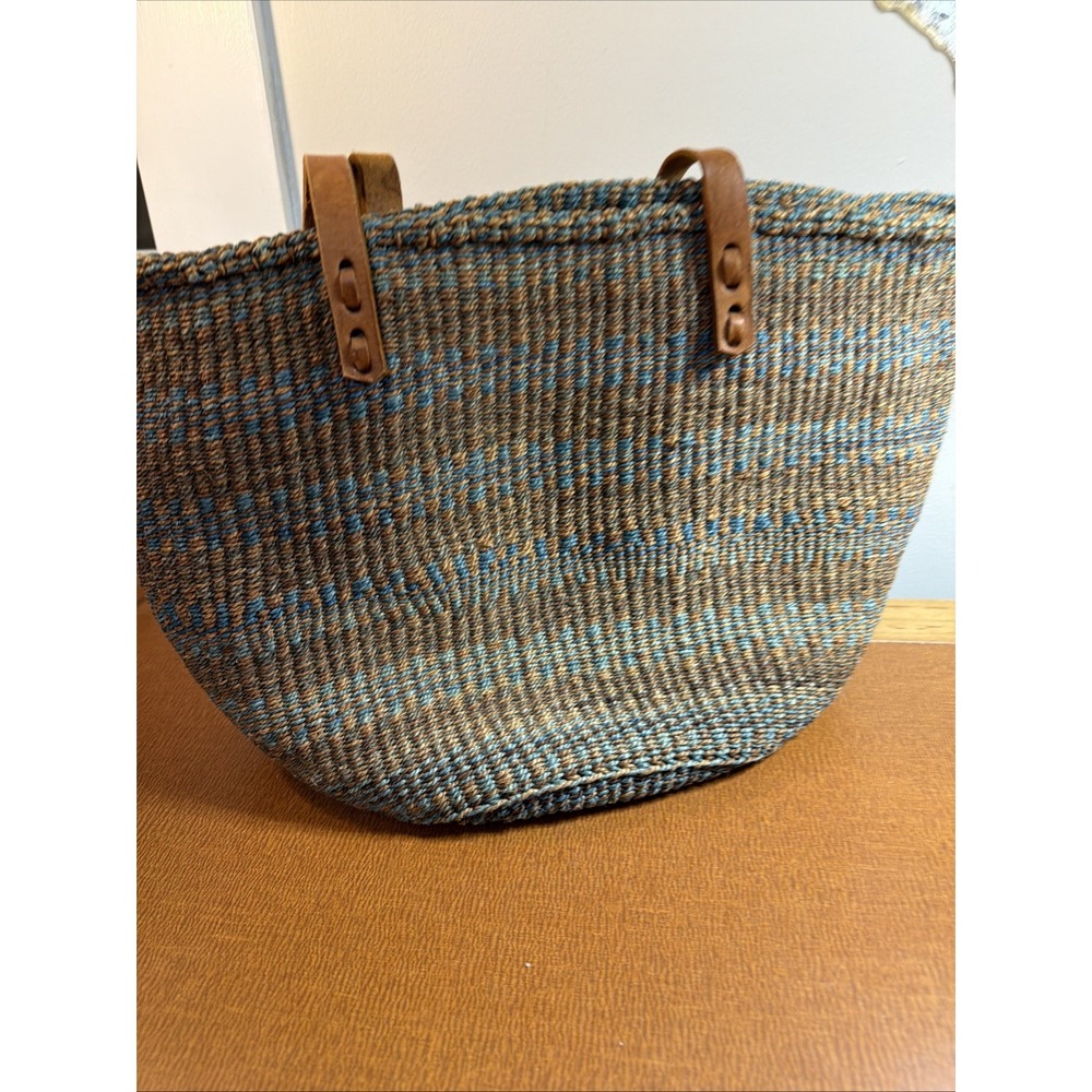Vintage Woven Striped Sisal Raffia Bucket Leather Handles Market Jute Tote Bag